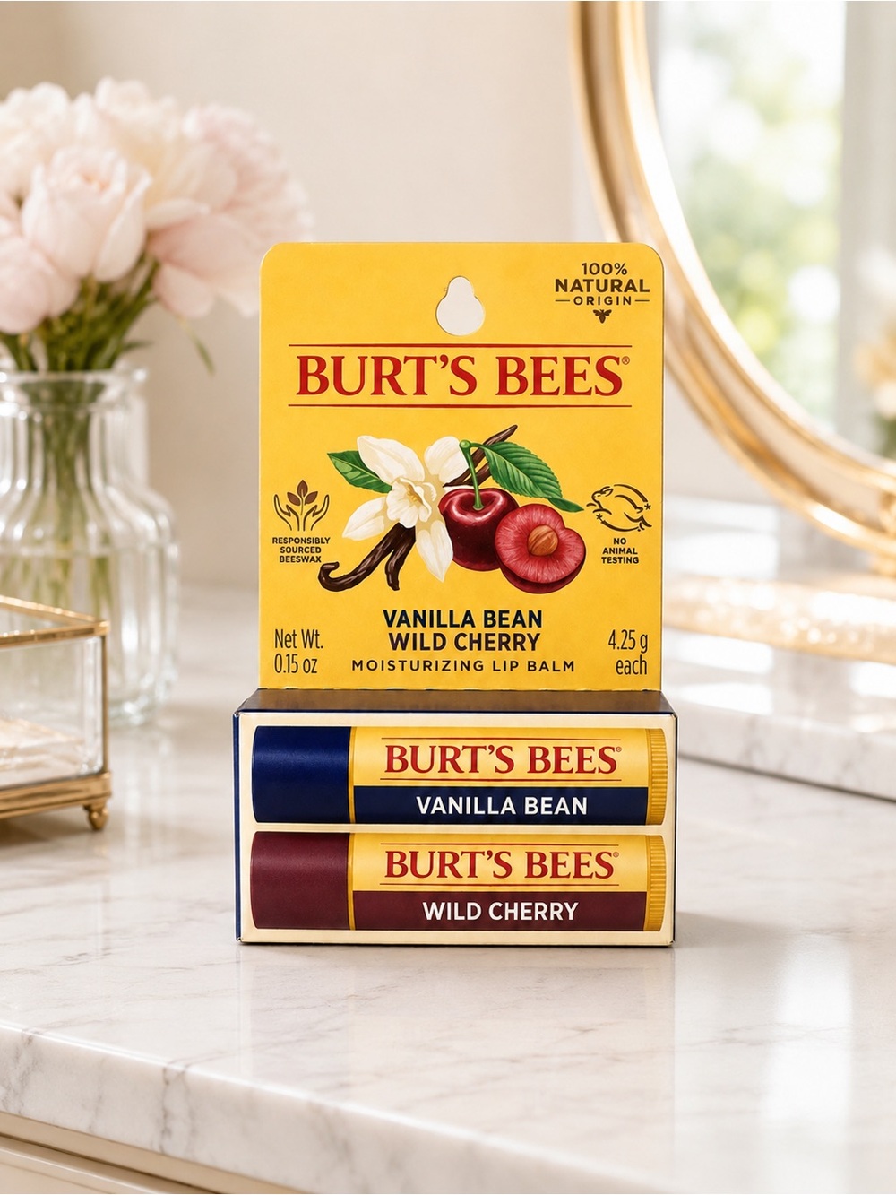 Burt’s Bees Vanilla Bean Wild Cherry Moisturizing Lip Balm 2 Pack NEW